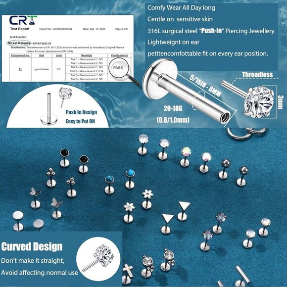 20G Threadless Flat Back Nose Earrings for Women Men Hypoallergenic Steel Jewelr - Picture 6 of 7